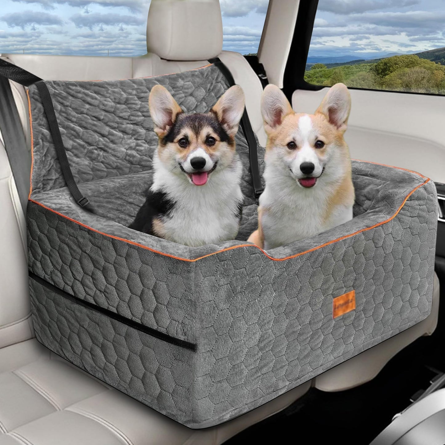 Dog Car Seat for Medium/Large Dogs, Booster Car Seats for Under 60 lbs or 2 Small Dogs, Elevated Pet Car Seat with Storage Pockets and Belt(Grey)