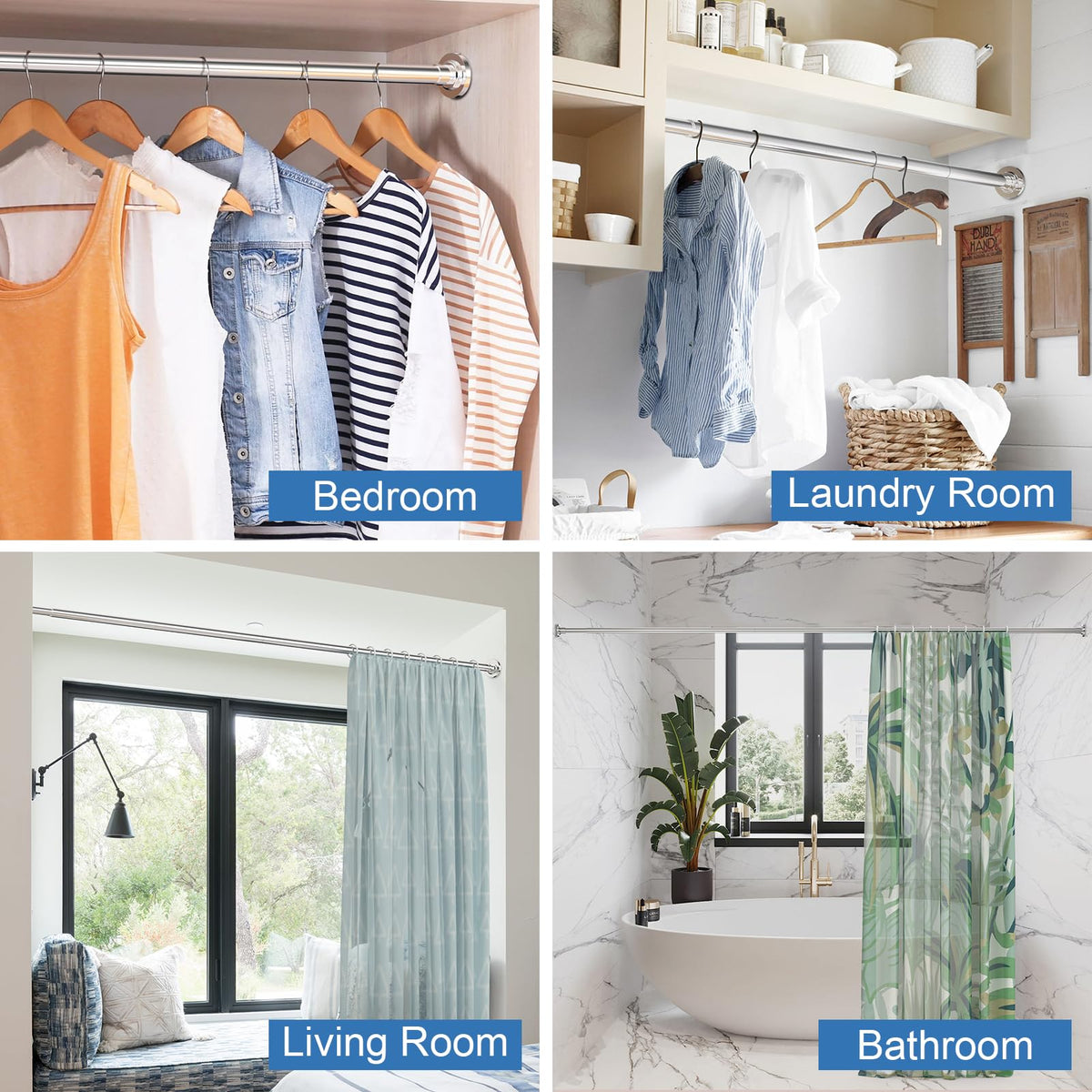 SUNALLY Shower Curtain Rod Adjustable 32-75 Inch, Spring Tension Shower Pole Rods Extendable Stainless Steel Telescoping Curtain Rod for Bathroom Windows Closet, No Drilling, No Slip, No Rust, Chrome