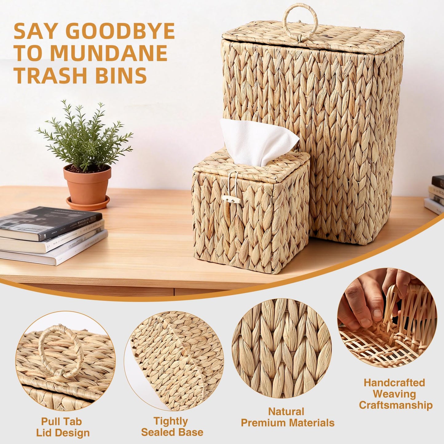 BSSN 4 Gallon Handwoven Rattan Trash Can with Lid for Bedroom, Living Room, Bathroom (Rectangular)