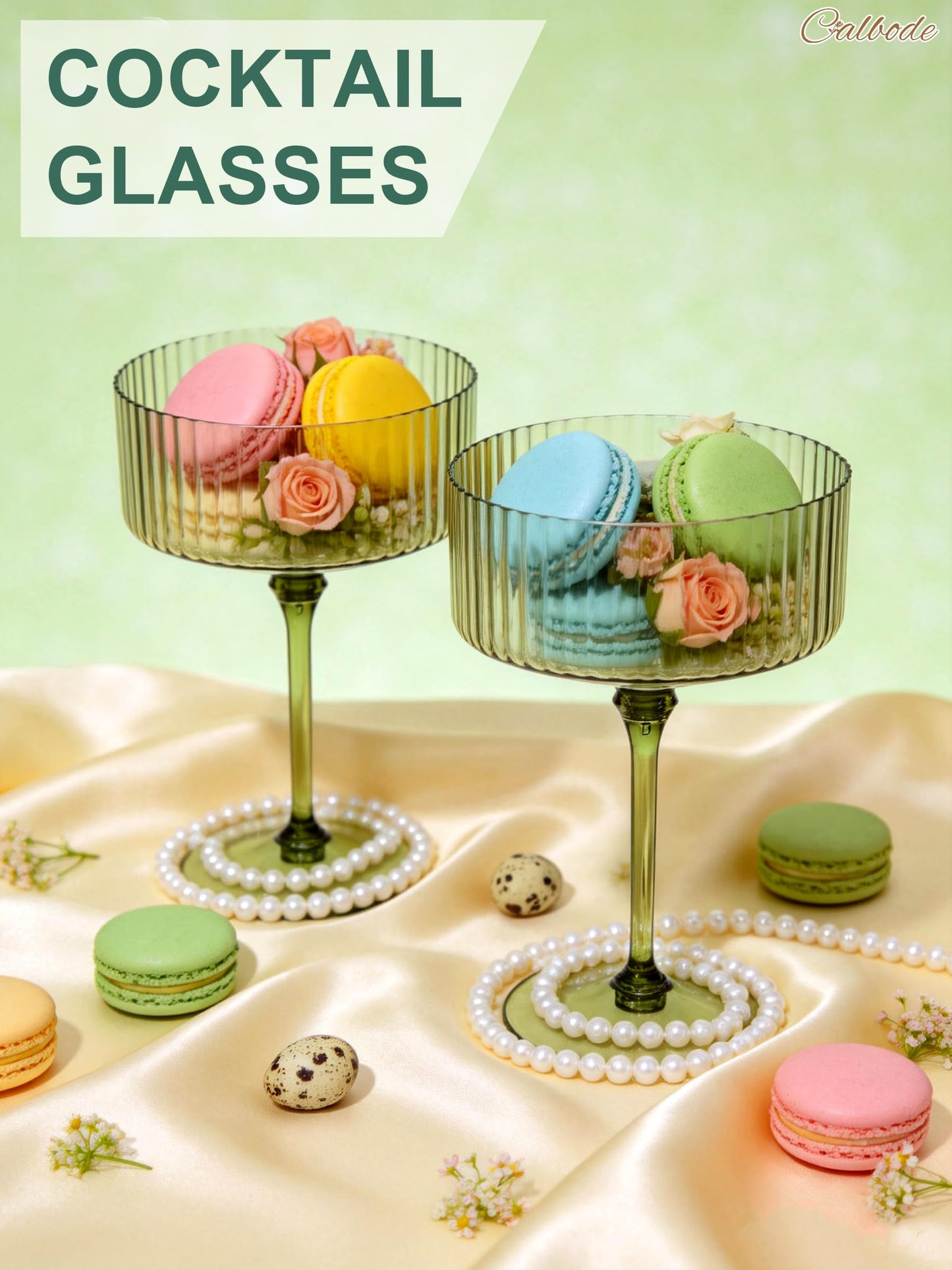 CALBODE 24Pcs Plastic Martini Glasses with Detachable Stems, 10oz Plasitc Ribbed Coupe Glasses Green Vintage Cocktail Glassware Set Toasting Glasses for Party Wedding Anniversary