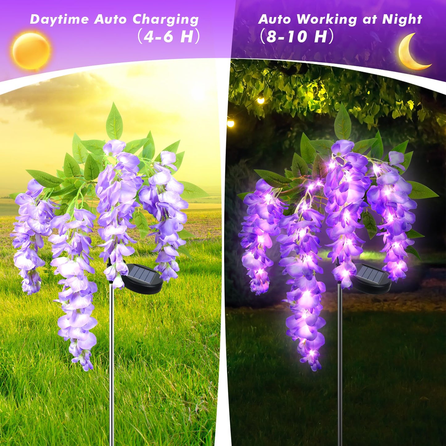 Ninonly Solar Garden Lights Outdoor, 2 Pack Solar Pathway Lights, 2 Lighting Modes Solar Wisteria Flowers Lights Outdoor Waterproof for Landscape Courtyard Lawn Decor