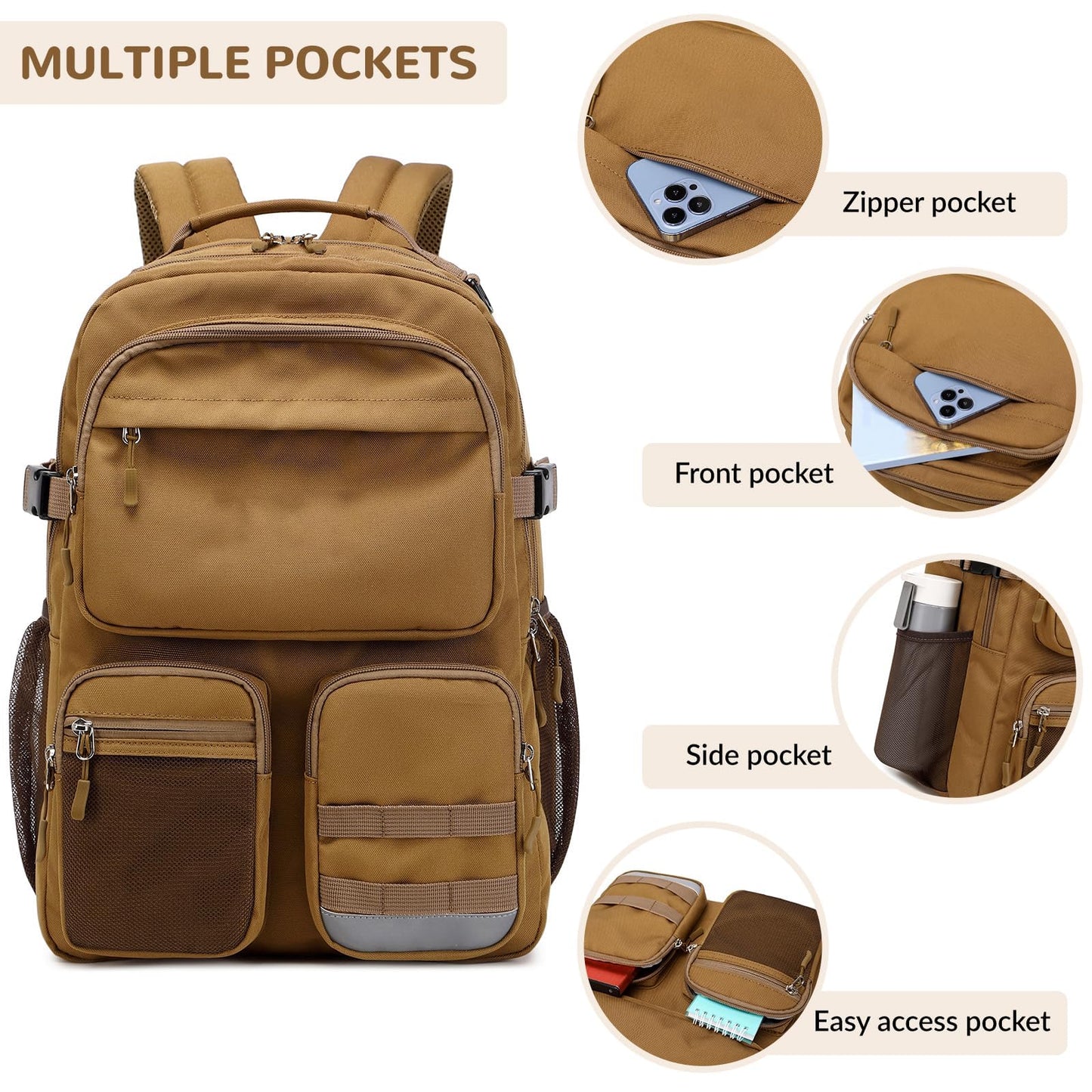 Lohol Water Resistant Backpack with Multifunctional Pockets for Teens, Durable Bookbag fits 15.6 inch Laptop, Black, 17.3 x 12.4 x 6.7 inches