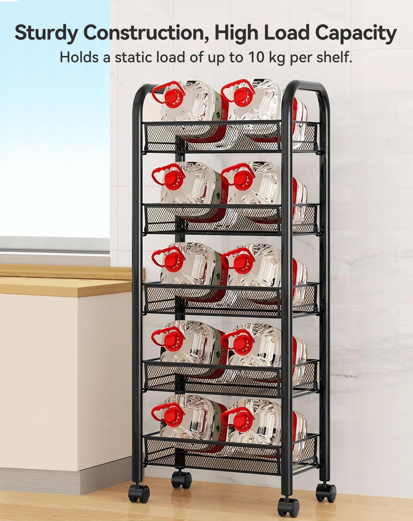 5-Tier Rolling Kitchen Trolley with Wheels - Sturdy Metal Storage Cart for Kitchen, Bathroom, Home Office, Space-Saving Organiser, Slim Mobile Rack for Fruits, Vegetables, Spices (Black, 44x27x105cm)