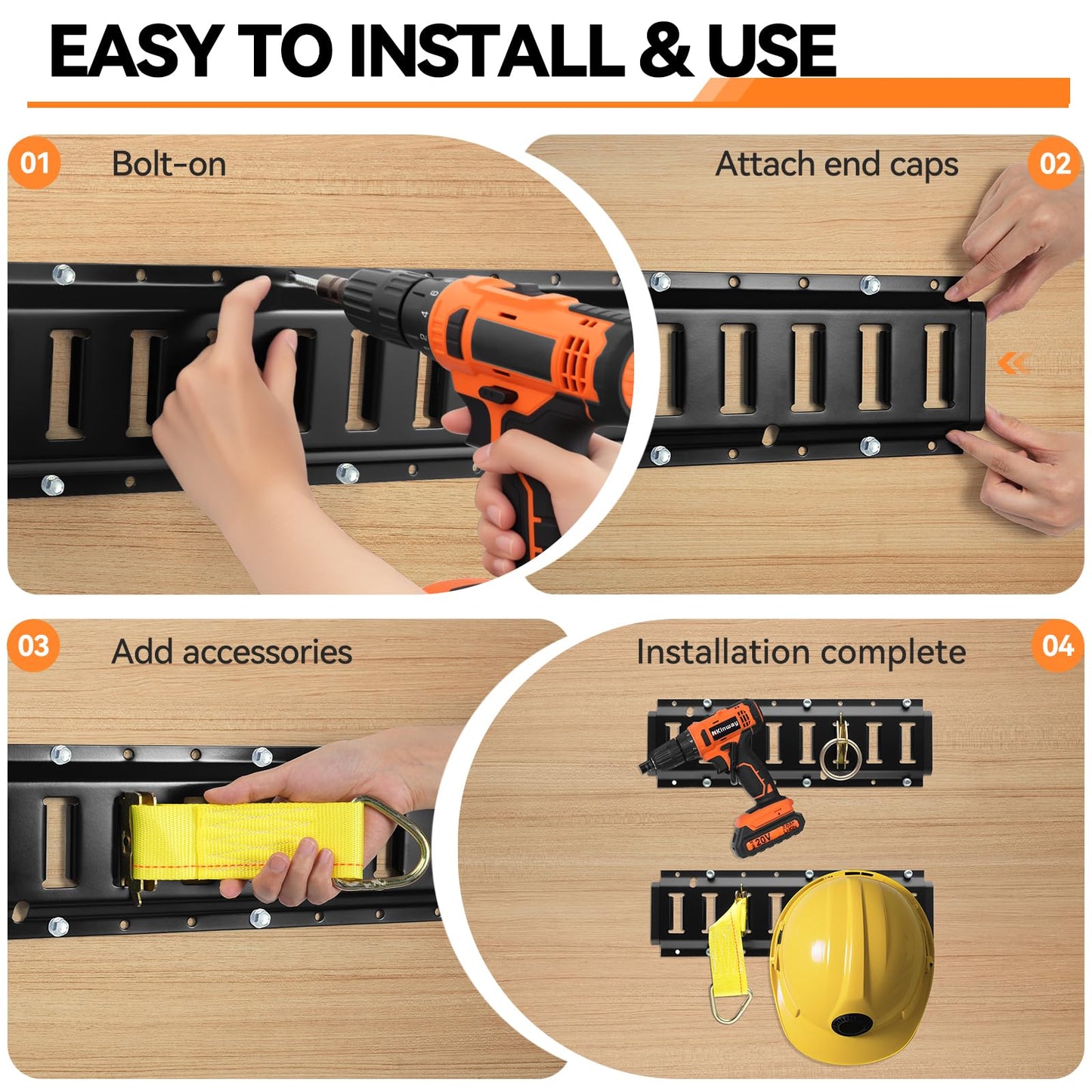 Elechomes E Track Tie-Down Rail Set: 4 Pack 16" E-Track Rails with 2 Ratchet Straps, 4 Rope Tie Offs, 4 O Rings, 4 J-Hooks, 2 Single Slot, 8 End Caps for Vans Trailers Motorcycles Garage Storage