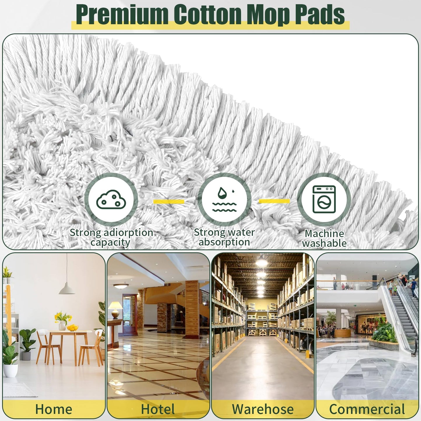 24 Inch Commercial Dust Mop,Heavy Duty Dry Wet Dust Mops Broom for Hardwood Floor, Laminate, Tile, Concrete Cleaning | 60 Extendable Handle & 2 Cotton Mop Heads | Home, Garage, Warehouse Use