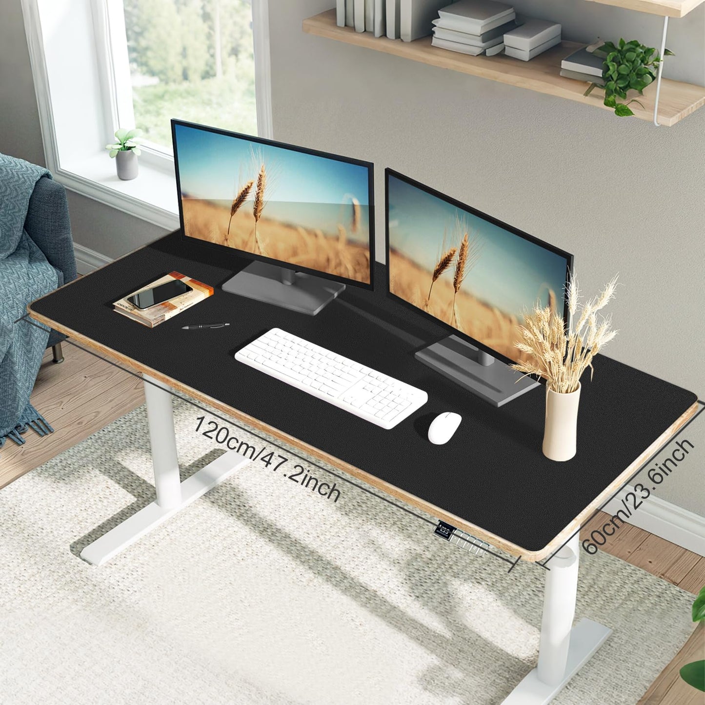 CHKDSK Double-Side Desk Mat,47.24''×23.62'',PU Leather Large Mouse Pad Protector for Table,Easy Clean Desk Mat Computer Keyboard Mat for Office (Black+Black)
