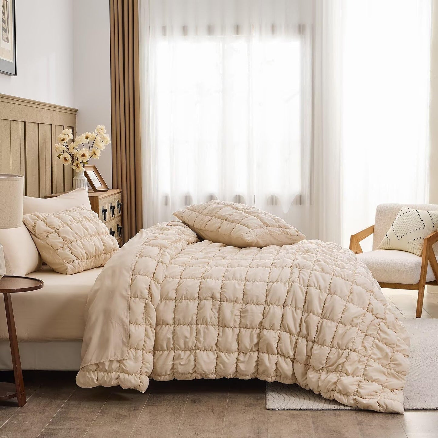 Jameswish Beige Comforter Set Queen Size Bed in A Bag 7 Piece Pinch Pleat Bedding Set,Pintuck Ruched Square Bed Set with Comforter, Sheets, Pillowcases & Shams