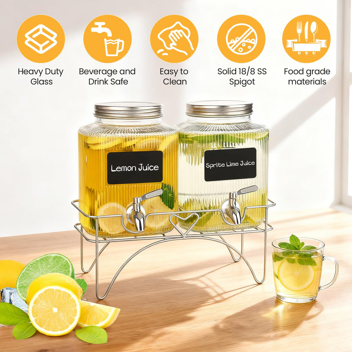 Lulonpon 2 x 4L(1.06 Gallon) Glass Drink Dispenser, Beverage Dispenser with Stainless Tap, Glass Water Juice Dispensers with Metal Stand, Water Jug with Tap Perfect for Parties,Weddings,Birthdays
