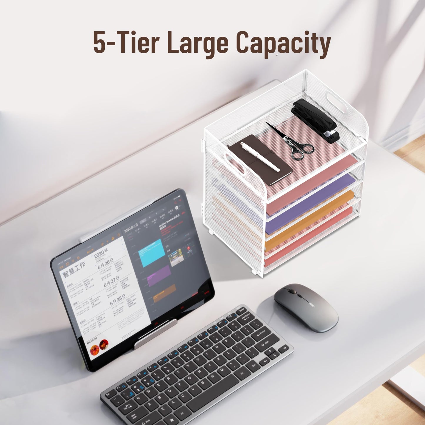 Supeasy 5 Trays Paper Organizer Letter Tray with Handle-Mesh Desk File Organizer, Paper Sorter for Office, Home or School, White