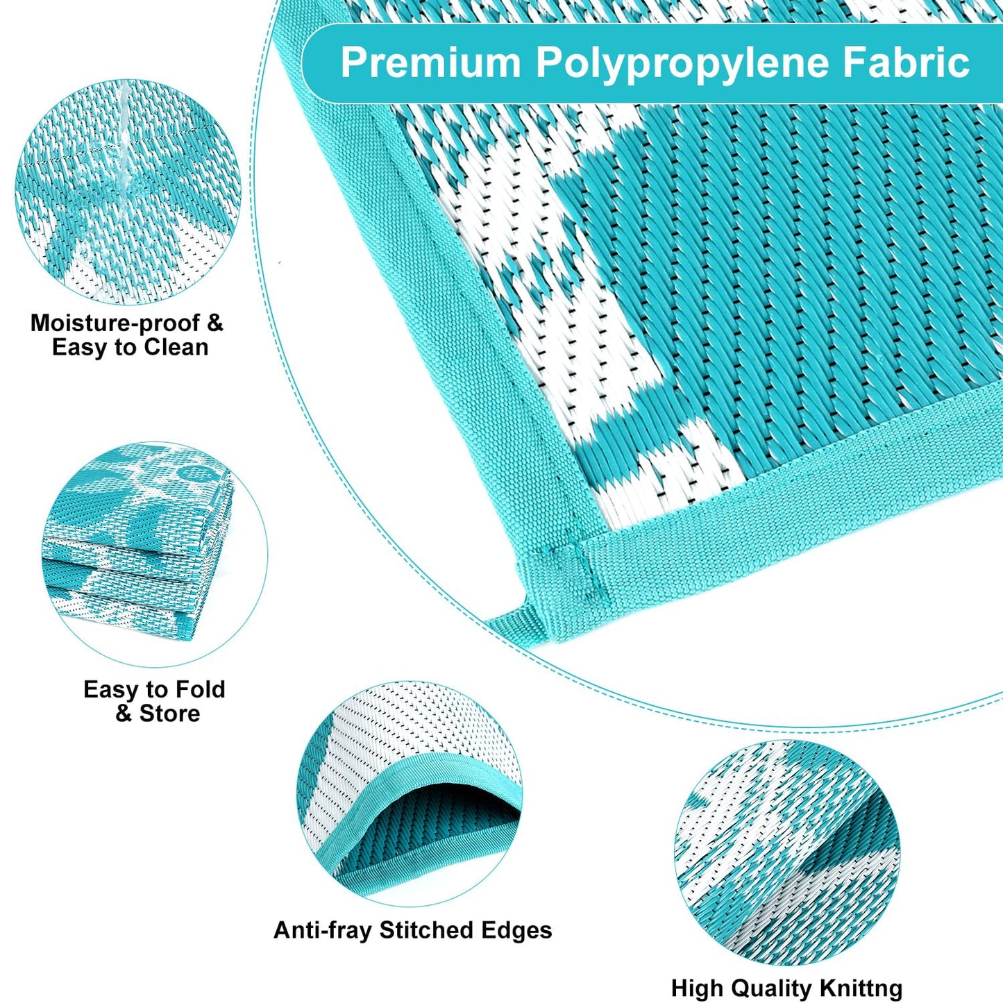 LOKHOM Outdoor Rug for Patio 5x8 ft Reversible Plastic Straw Patio Camping Rug, Floral Waterproof RV Mat for Camper Indoor Outdoor Carpet for Deck Porch Picnic Beach Balcony Backyard, Teal & White