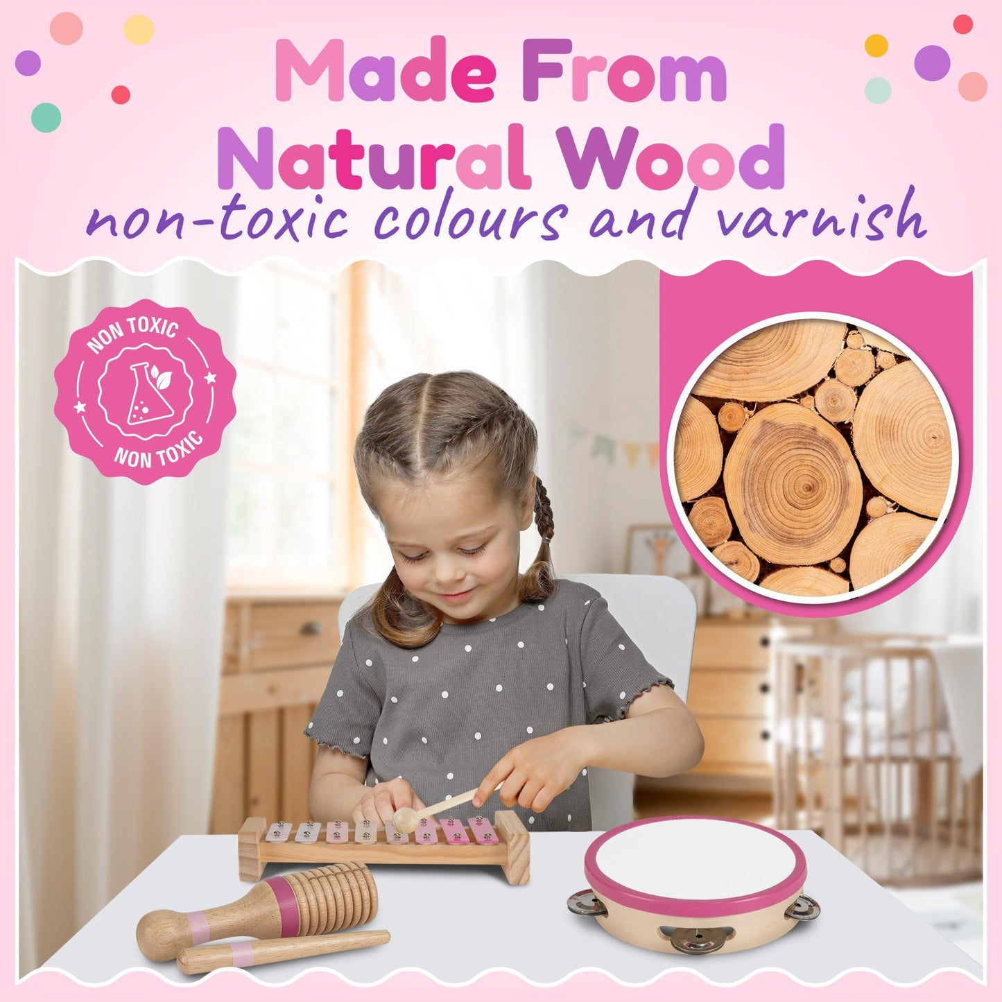 Stoie's Wooden Toddler Musical Instruments with Xylophone, Maracas, Triangle, Tamburine for Babies and Kids, Eco Friendly Montessori Educational Toy