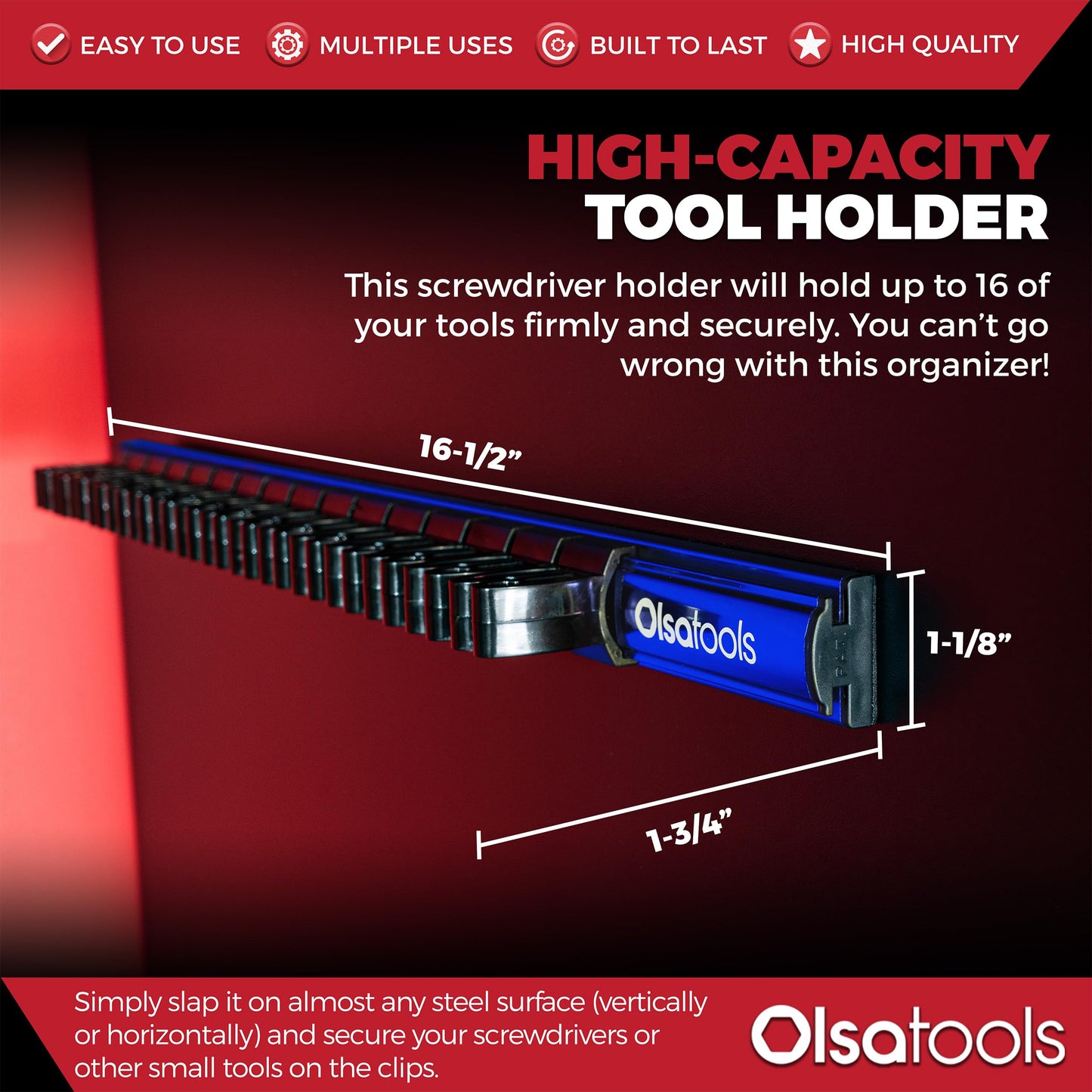 Olsa Tools Magnetic Screwdriver Organizer - Professional Quality Magnetic Tool Holder - Fits up to 16 Screwdrivers - Blue - Part: 1114