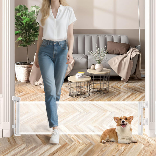 Crazydeer 14" Tall Short Dog Gate to Step Over, Retractable Mesh Pet Door for Small Puppy, Extended up to 55" Wide for Indoor Stairs Doorways and Hallway(White)