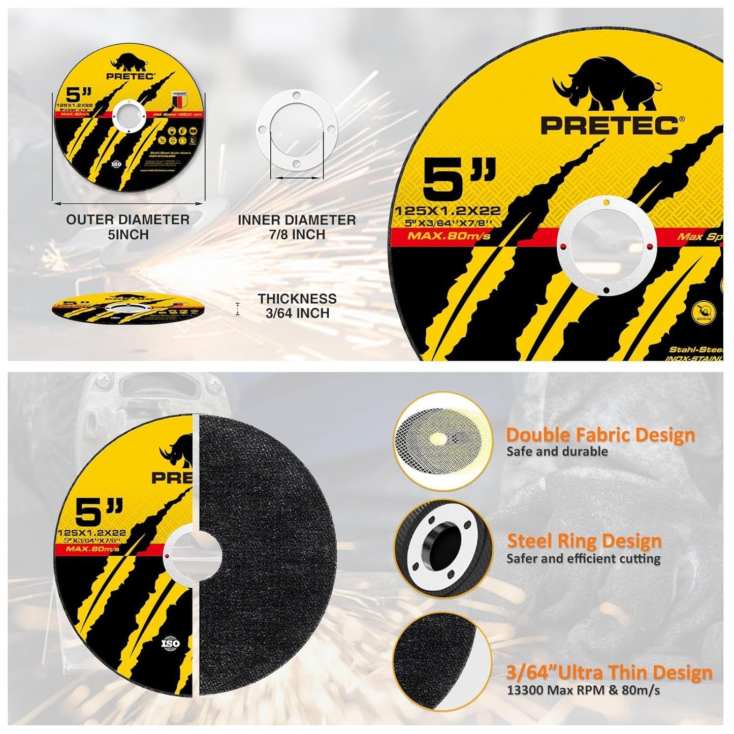 Cut Off Wheels 5", PRETEC 50+5 Pack Metal Cutting Wheel, Thin 5” Metal & Stainless Steel Fast Cutting Discs for Angle Grinder - 7/8" Arbor Hole, 5” x 3/64" x 7/8"