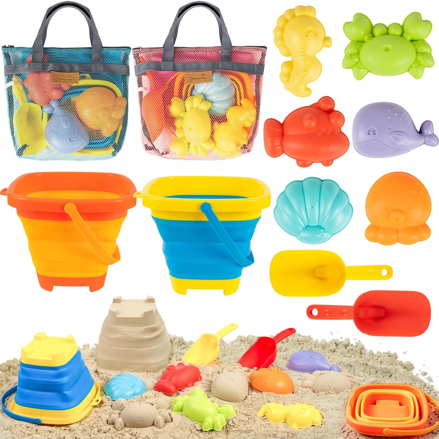 Kids Beach Sand Toys with 2 Collapsible Beach Sand Buckets, Big Size Sand Molds, 2 Mesh Shell Bags, Shovels Set Travel Sandbox Toys for Toddler Ages 3-10