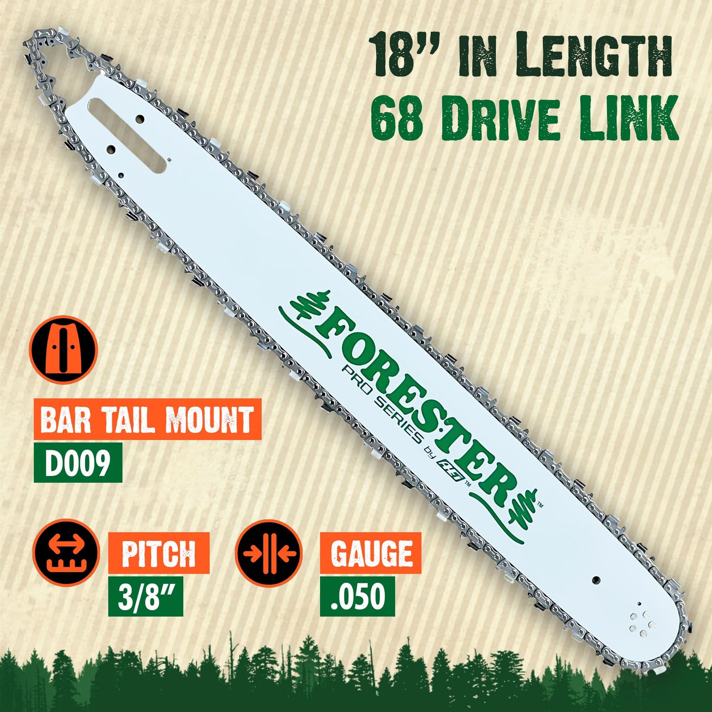 Forester 18" .050 gauge Chainsaw Bar and Chain combo for Husqvarna D009 mount