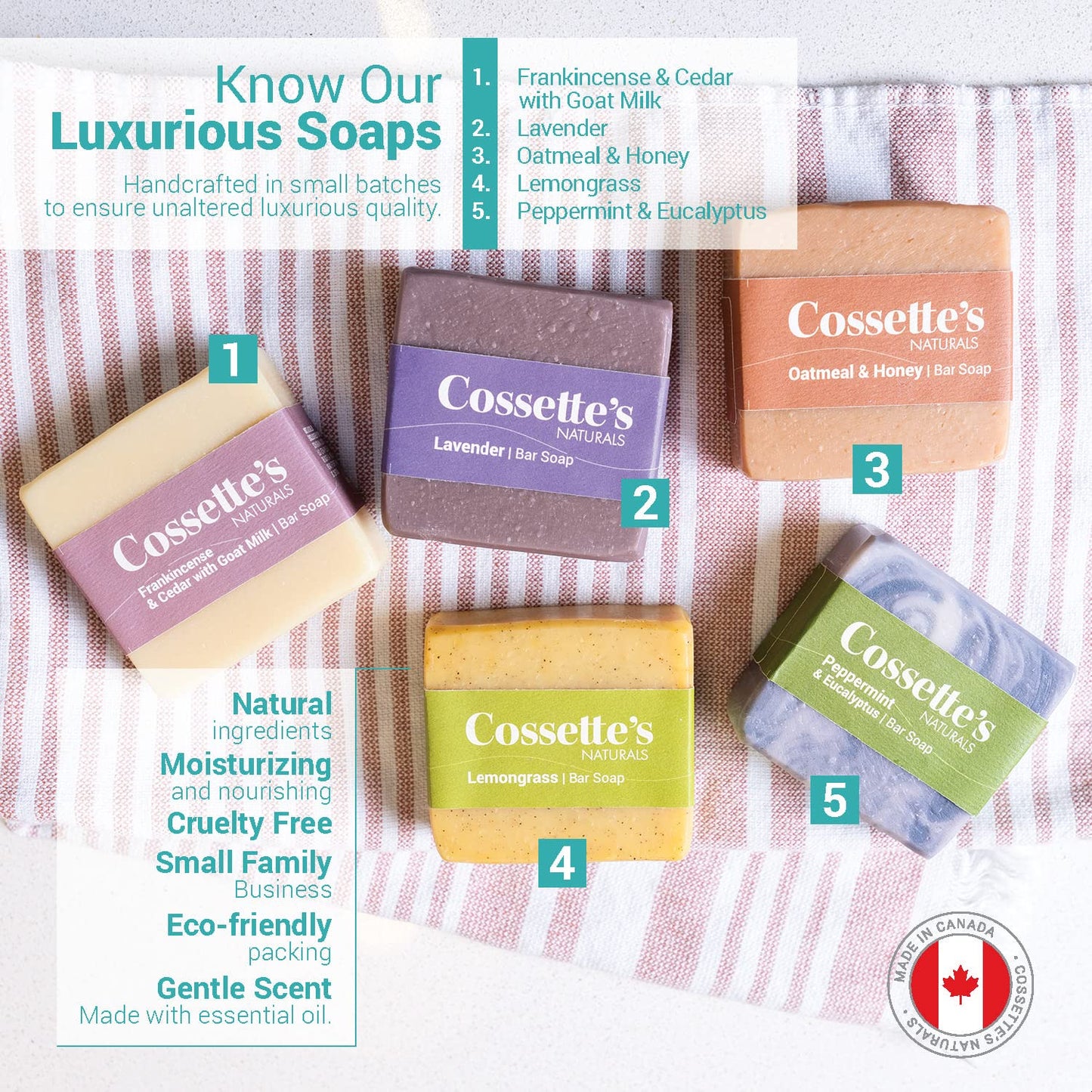 Cossette's Naturals - All Natural Premium Bar Soaps Made With Essential Oils (Cossette's Collection, 3.8 oz (5 Pack)) MADE IN CANADA