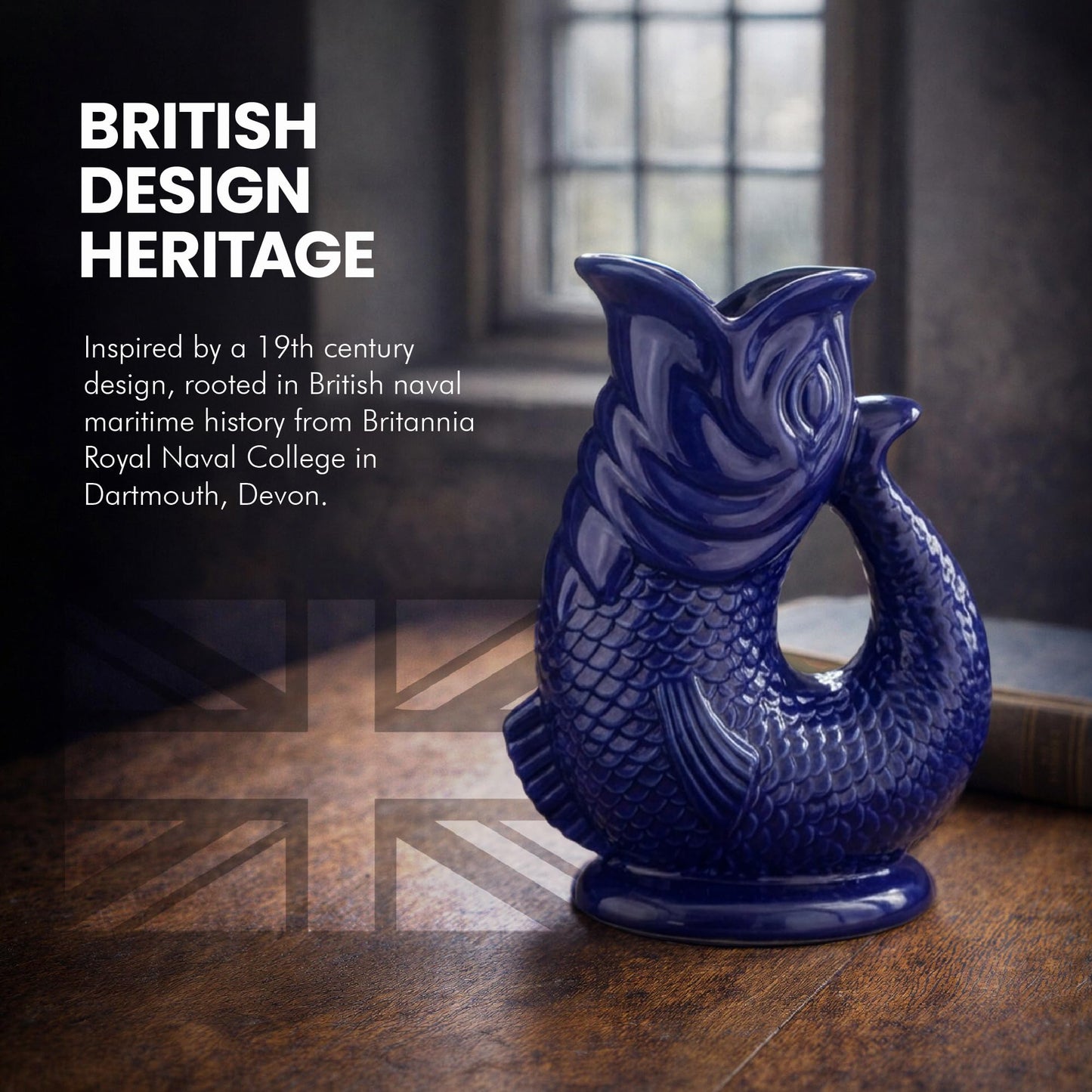 Glug Jug The Bubble Jug® Dark Cobalt Blue 50 fl oz 1.5L Litre Extra Large Gurgle Pitcher Jug Fish Shaped Decorative Ceramic Glugging Cocktail, Water and Gin Jug and Gurgling Carafe Pot
