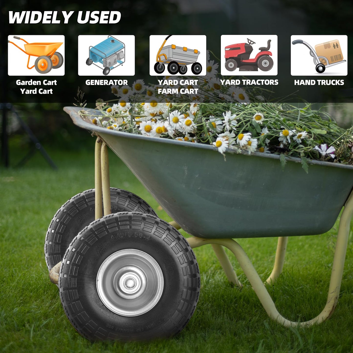 AR-PRO (2-Pack) 4.10/3.50-4" Tire and Wheel Flat Free - 10" Solid Rubber Tires Wheel with 5/8" Bearings and 2.2" Offset Hub - Perfect for Wheelbarrow, Hand Truck, Garden Carts, Yard Wagon Dump Cart