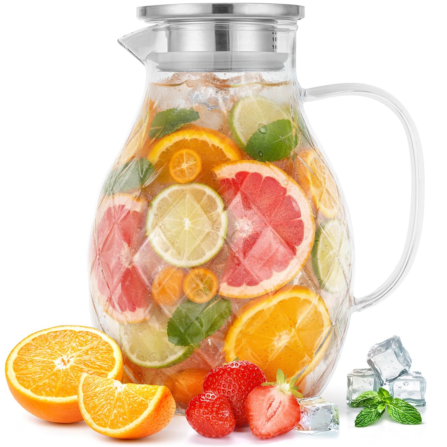 Glass Pitcher with Lid and Spout - 2 Litre / 68 oz - Borosilicate Glass Water Pitcher with Handle - Clear Beverage Container - Carafe for Hot/Cold Drinks - Iced Tea & Juice Server - by PJC-Kitchen