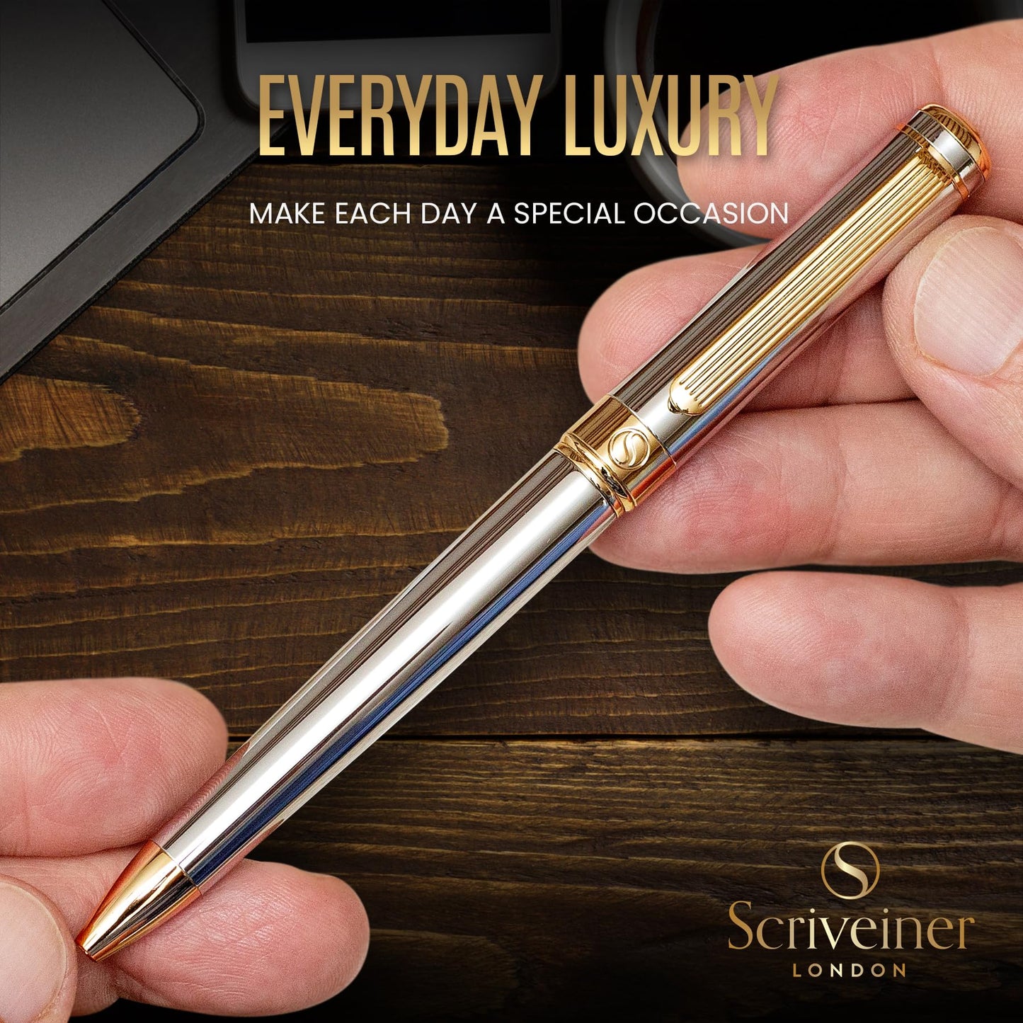 Scriveiner Silver Chrome Ballpoint Pen - Stunning Luxury Pen, Real Gold Plating, Schmidt Black Refill, Best Ball Pen Gift Set for Men & Women, Professional Executive Office, Nice Fancy Designer Pens