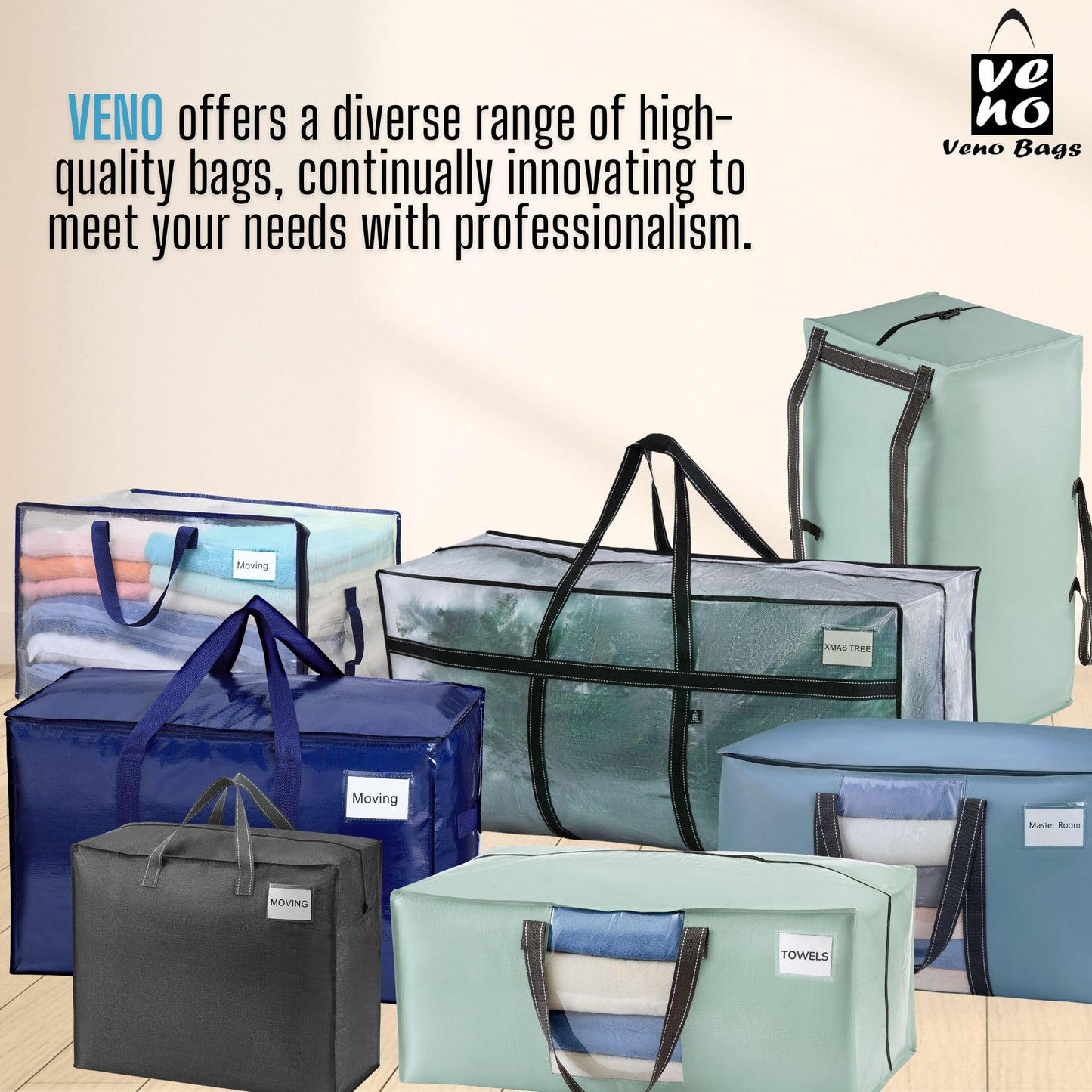 VENO Extra Large Moving Bags with Zippers & Carrying Handles, Heavy-Duty Storage Tote Moving Boxes for Space Saving, Packing Storage Supplies for Dorm Room Essentials (Light Blue-8 Pack)