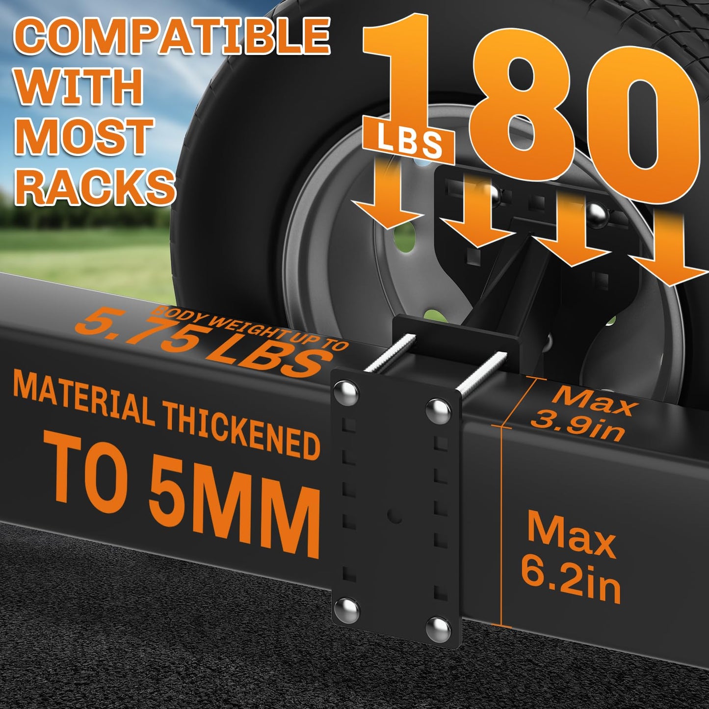 WELLUCK Trailer Spare Tire Mount for Utility Boat Trailer 3-Nuts Spare Tire Carrier Fits 4/5/6 Lugs Trailer Wheels on 4", 4.5'', 4.75'', 5'', 5.5'' and 6''Bolt Patterns, 180Lbs, Anti-Theft Rope
