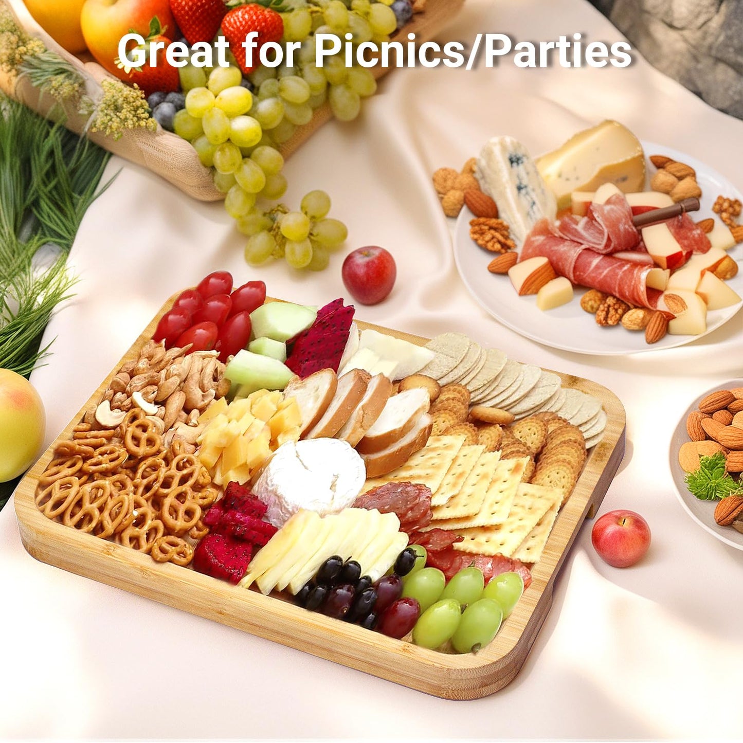 Bamboo Charcuterie Board with Lid & Carry Handle, Cheese Board with Buckle Locking, Engagement Gifts for Couples, Gifts Ideals for Wedding, Housewarming, White Elephant, Bridal Showers, Christmas