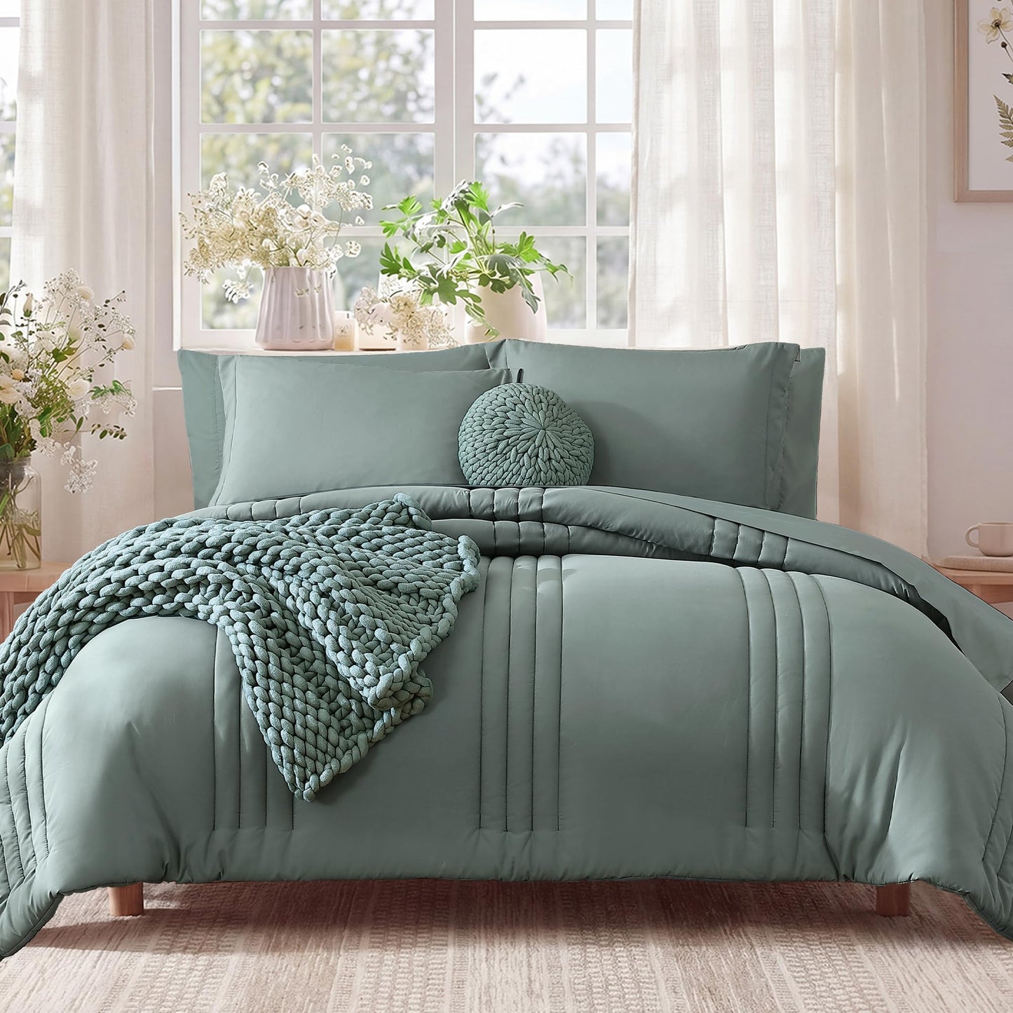 Monbix Queen Comforter Set - 7 Pieces Sage Green Bed in a Bag Queen Bedding Sets with Comforters, All Seasons Down Alternative Comforter Bed Set with Sheets,Pillowcases & Shams