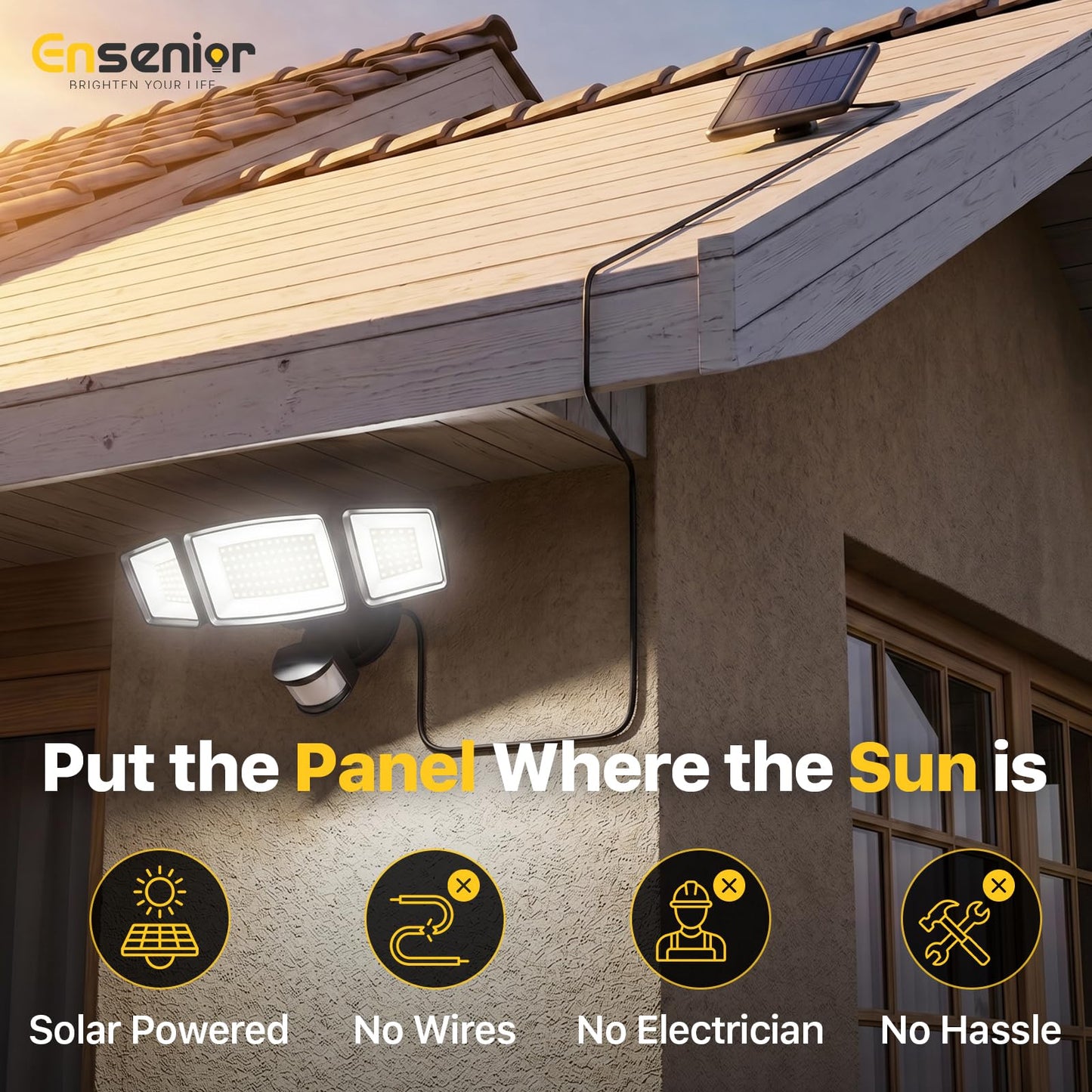 Ensenior 5 Motion Sensor Modes Solar Security Light, 1800LM 270° Wide Angle 3 Heads LED Flood Lights, IP65 Waterproof Wall Lights, Separate Solar Panel Remote Control Solar Lights Outdoor（Black）