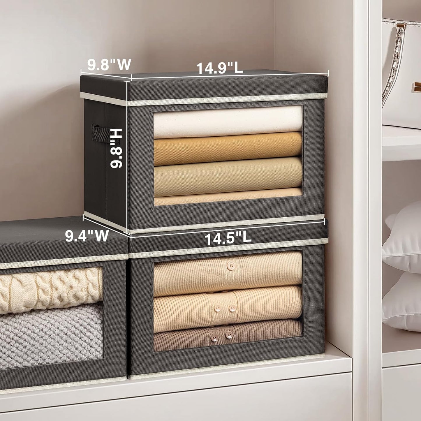 DIMJ Fabric Storage Box with Lid - 4 Pack Stackable Large Closet Storage Bins with Lid & Clear Window for Clothes, Foldable Decorative Basket Organizer Living Room,Bedroom,Office, Dark Grey
