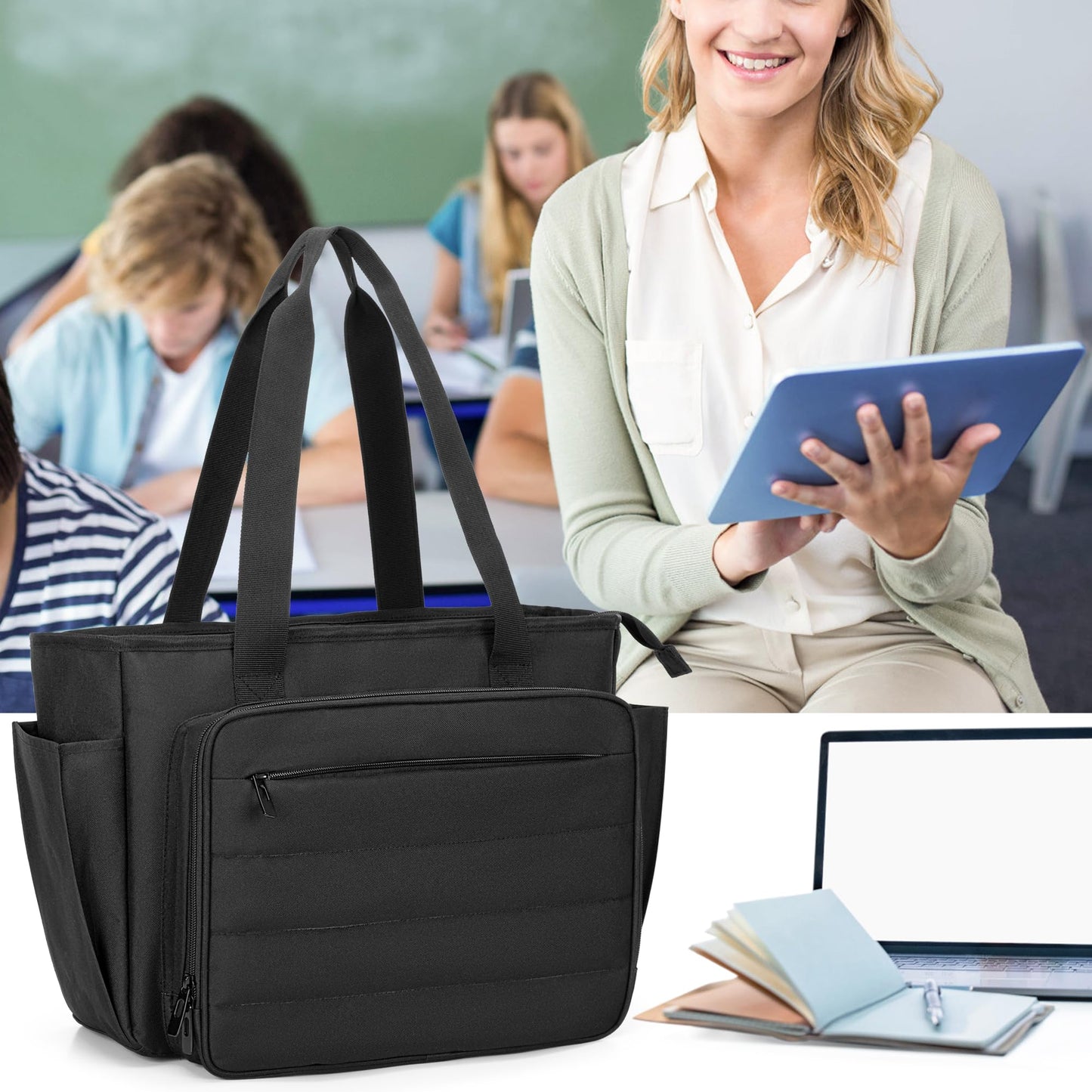 CURMIO Large Teacher Tote Bag for Women, Portable Teacher Bag with Accordion Organizer Compartment and Padded Laptop Sleeve for School Supplies, Ideal Gifts for Teachers, Black (Patent Pending)