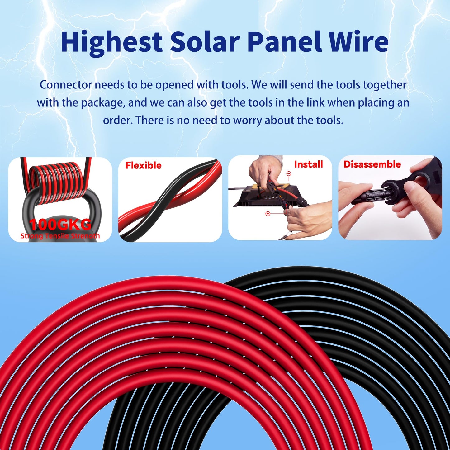 SJZSUNRUN 10 Gauge Wire Solar Extension Cable (30FT Black & Red) With 2 Pairs Connectors for PV Panels, Outdoor Automotive, Marine