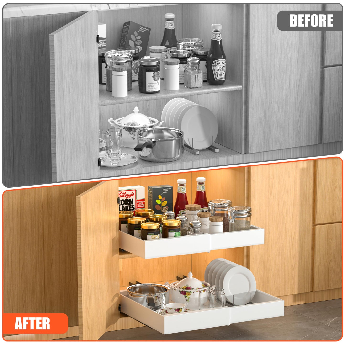 DEKAVA Pull Out Cabinet Organizer Expandable 1 pack, Adhesive with Nano Film, Pull Out Drawers for Cabinets in Kitchen, Pantry or Bathroom (White, 21" DEEPX[12"-20''] Width-1PACK)