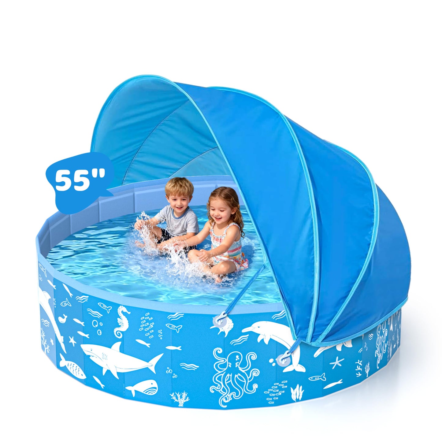 55” Extra Large Kiddie Pool with Canopy, EPN UPF 50+ Sun Shade Baby Pool, No Inflation Foldable Toddler Pool for Backyard Outdoor & Beach, Portable Thickened PVC BPA-Free Kids Water Play Pool, Blue