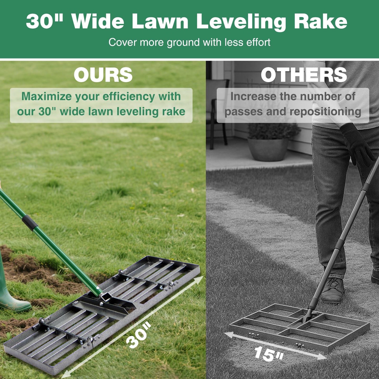 30"x10" Lawn Leveling Rake, Heavy Duty Lawn Leveler with 33"-77" Adjustable Handle, Foldable Ground Leveling Tool for Soil, Sand, Gravel, Ergonomic Design for Lawns, Golf Courses and Backyards