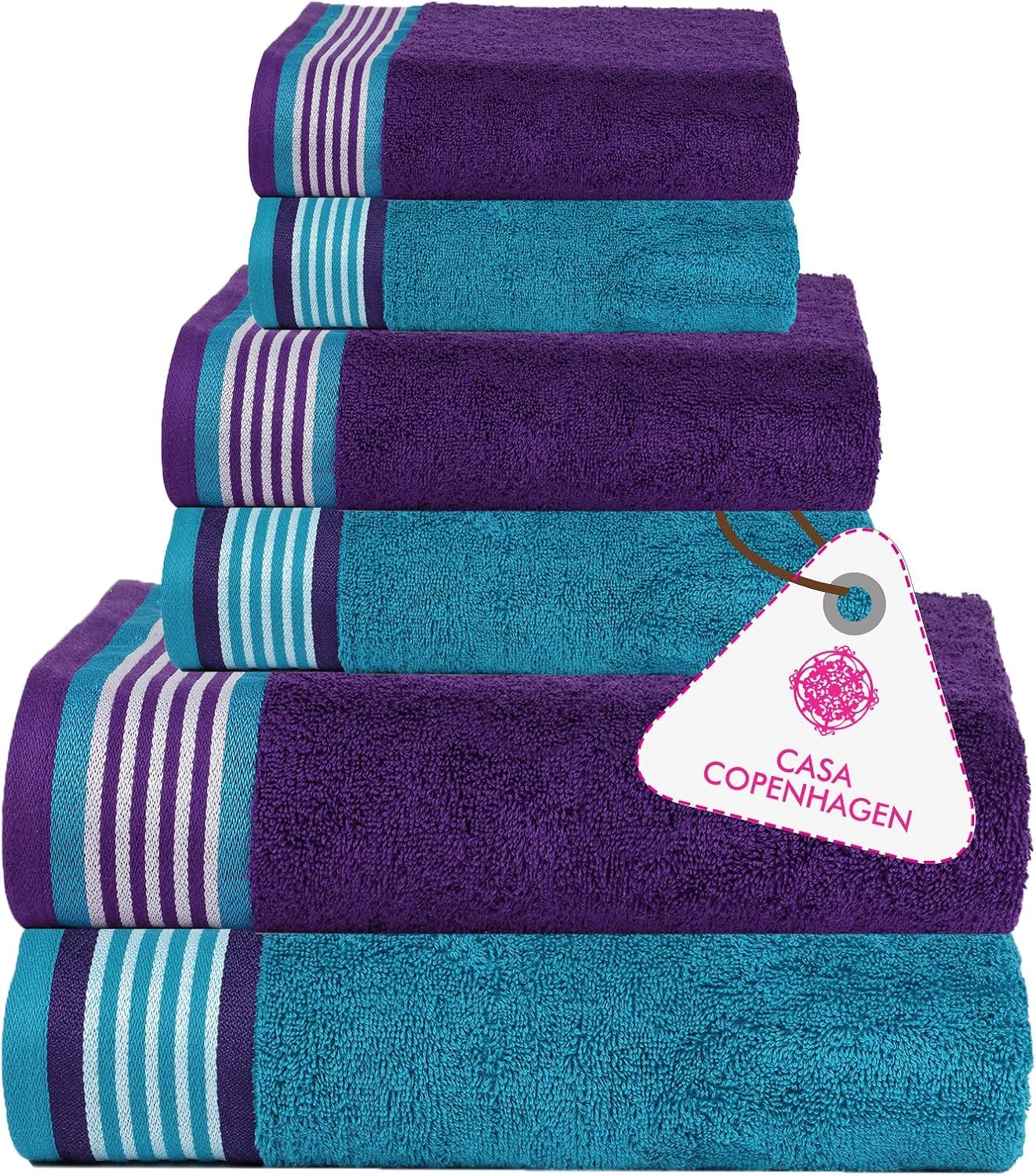 Casa Copenhagen He & She 6 Pieces Towel Set- Violet Indigo + Teal Green, 550 GSM 2 Bath Towel 2 Hand Towel 2 Washcloth, Designed in Denmark Made of Soft Egyptian Cotton for Bathroom, Kitchen & Shower
