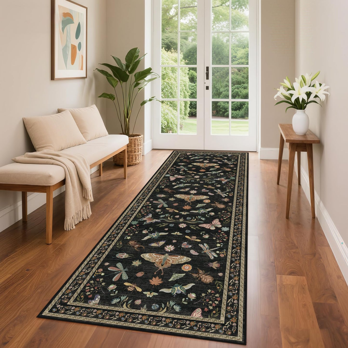 Dadasgk Black Boho Washable 2x6 Runner Rugs for Hallway Kitchen Bedroom Beside Laundry Room Bathroom Rug, Non Slip Low Pile Stain Resistant Soft Floral Nature Insect Fantasy Whimsical Indoor Decor