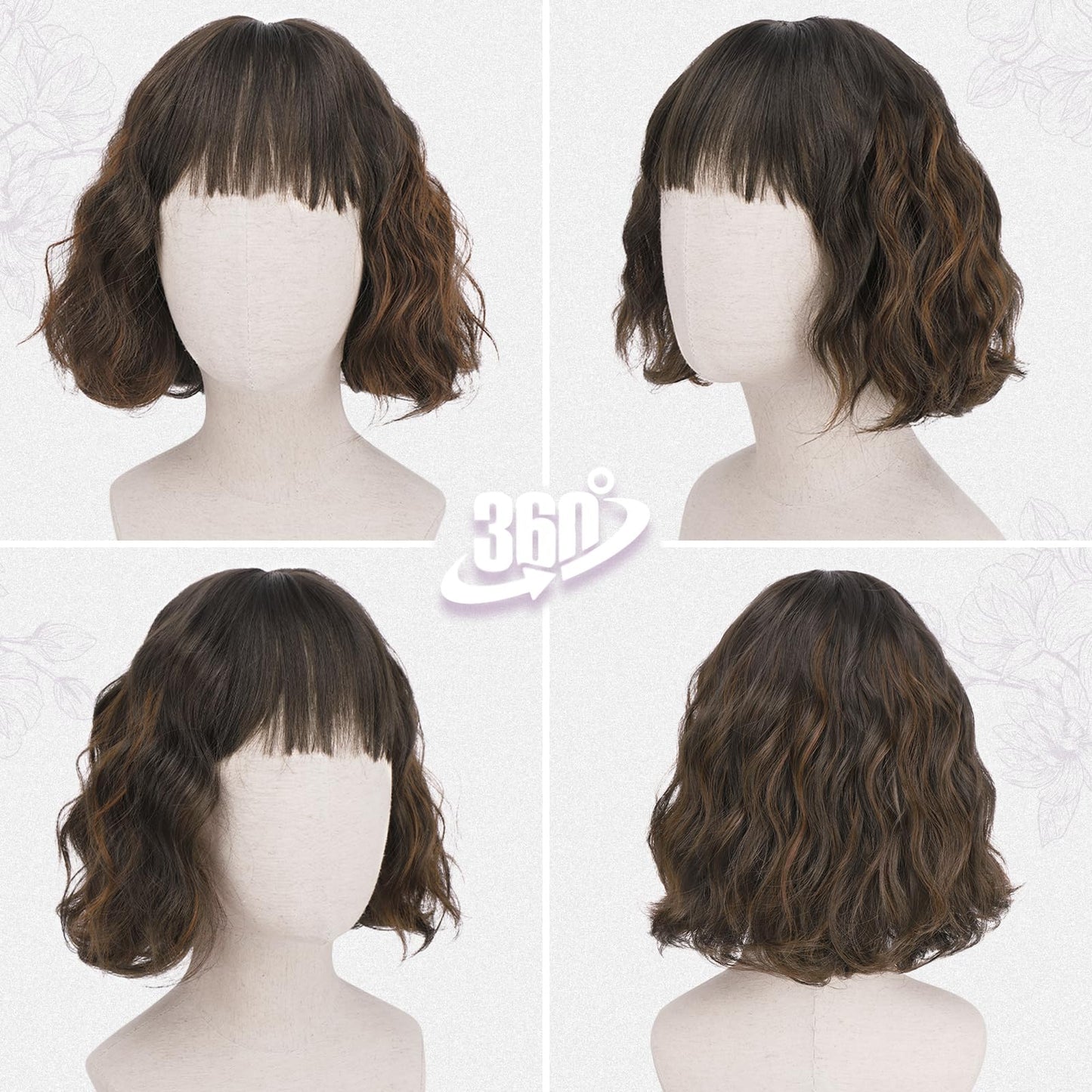 BARSDAR Short Wavy Mix Brown Wig with Bangs - Short Mix Brown Bob Wigs for Women - Curly Wavy Textured French Bob Wig with Bangs Soft Synthetic Natural Looking Face-Framing Daily Party