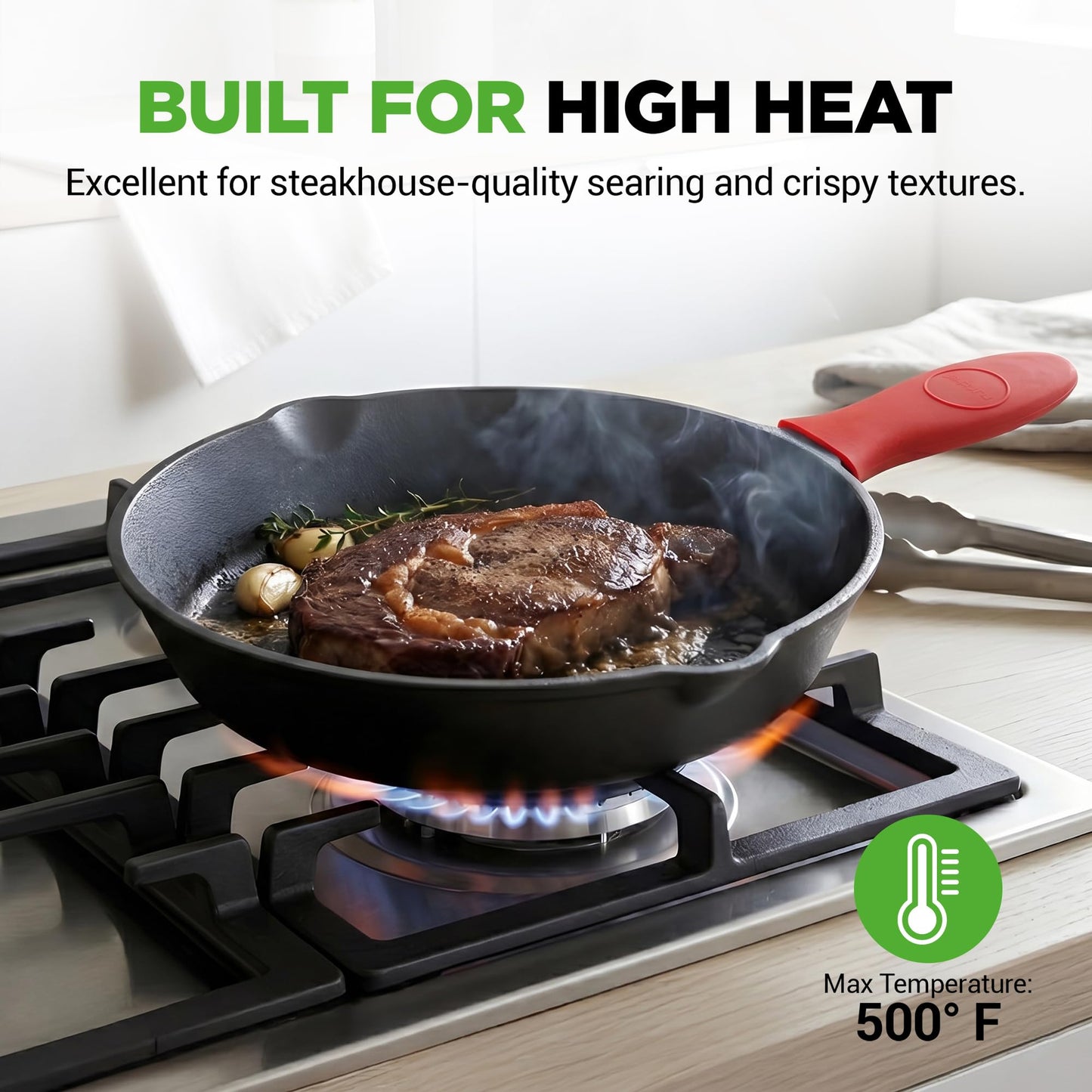 NutriChef 3pc Cast Iron Skillet Set - Nonstick Pans with Drip Spout, Silicone Handles, for All Cooktops