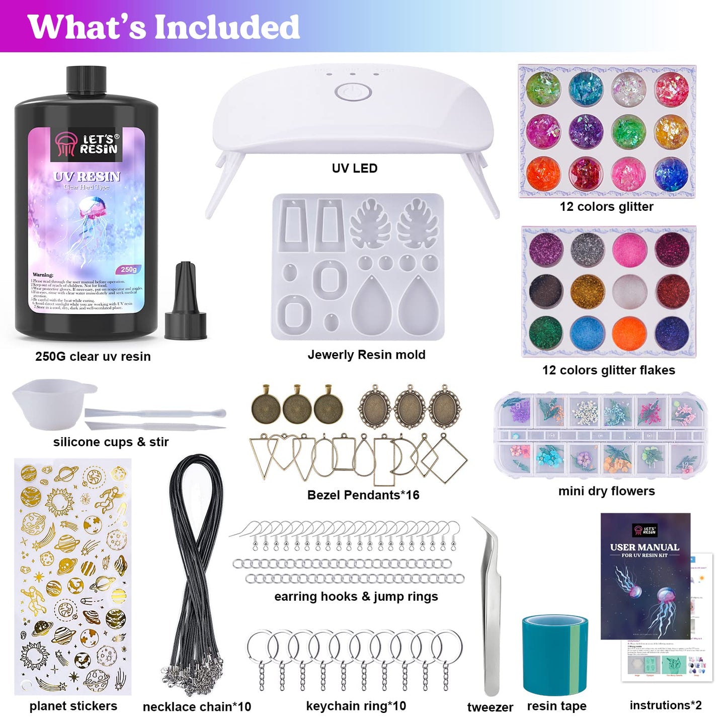 LET'S RESIN UV Resin Kit with Light,153Pcs Resin Jewelry Making Kit with Highly Clear UV Resin, Upgraded UV Lamp, Epoxy Resin Starter Set for Jewelry