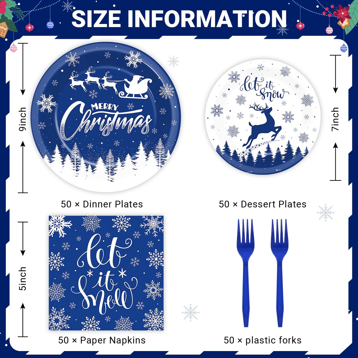 200Pcs Christmas Plates and Napkins Blue Merry Christmas Tableware Set Let it Snow Reindeer Snowflakes Dinnerware Set for Xmas Party Decorations Winter Holiday Birthday Party Serve 50 Guests