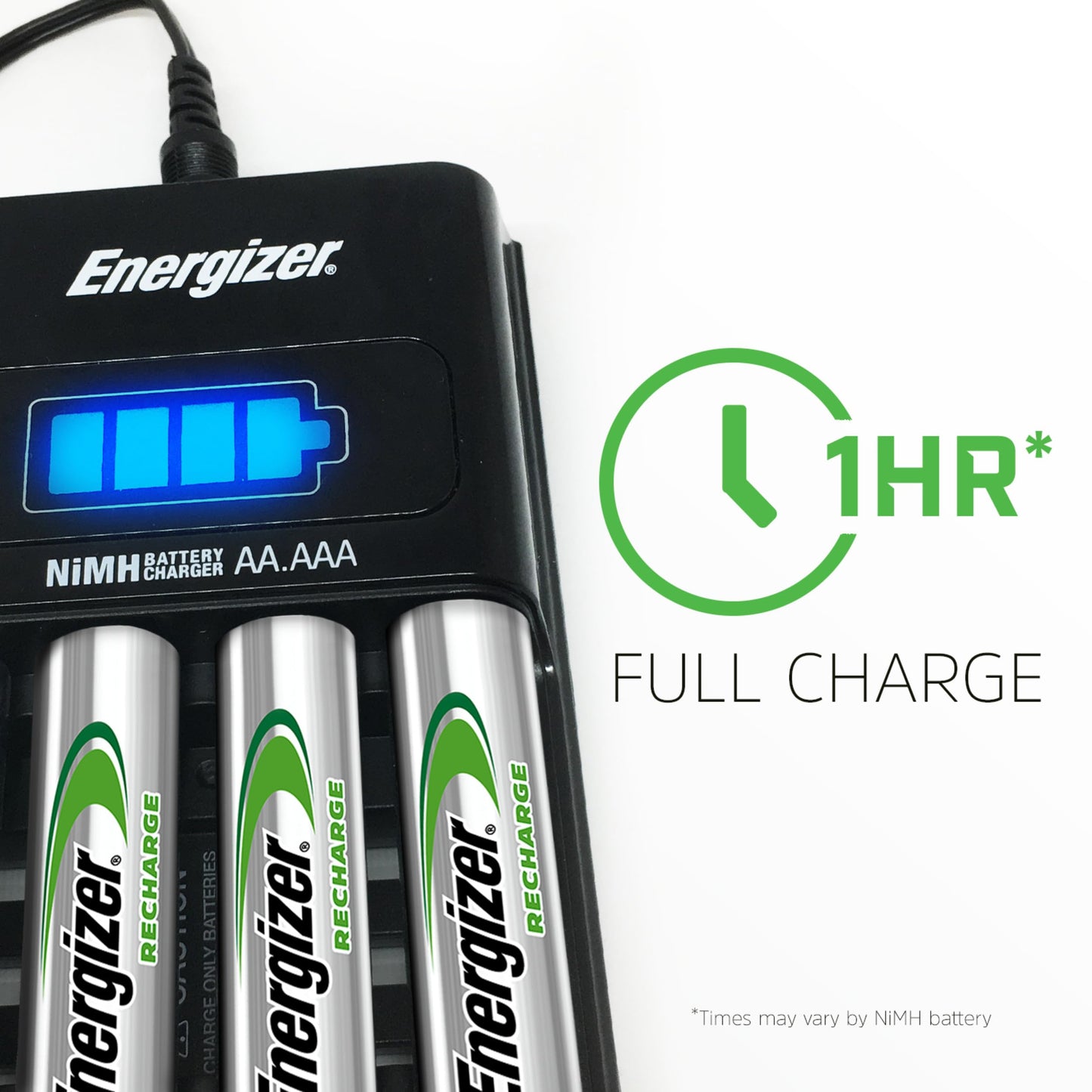 Energizer Rechargeable Battery Charger for C Cell, D Cell, AA, AAA, and 9V Rechargeable Batteries