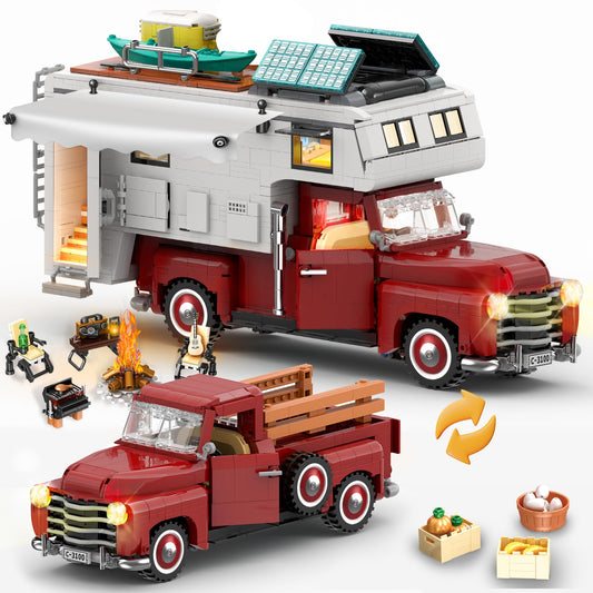 Car Building Block for Adult, 2-in-1 Camper Van Building and Farm Pickup Truck Building Set Toy for Boys Age 12+, Retro Rvs Building Block Kit Set, 2188pcs
