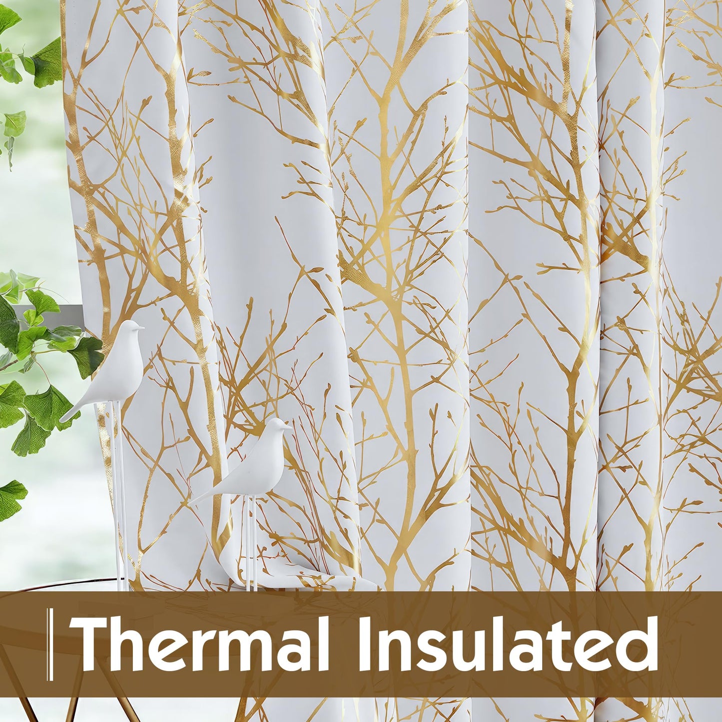 FMFUNCTEX 100% Blackout Curtains for Bedroom Gold Foil on White Curtains 84 Inches Long for Living Room Tree Branch Metallic Pattern Curtains Thermal Insulated Room Darkening Drapes 2 Panels Grommet