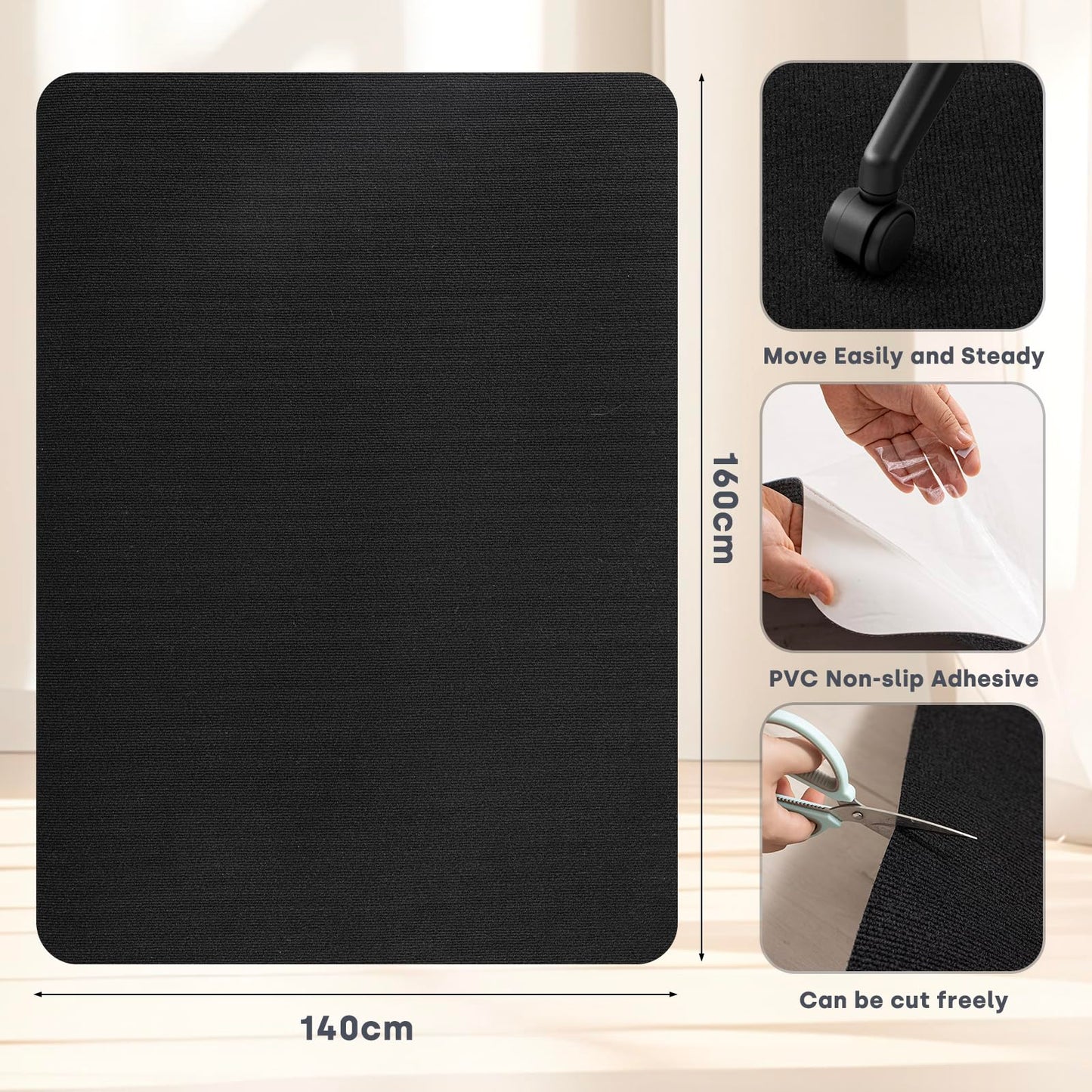 SHIEN Office & Gaming Chair Mat 140 X 160cm - PVC Carpet Floor Mat Non Slip, Desk Chair Floor Protector Rug Pad, Indoor Computer Chair Mat for Hardwood Floors & Home Office Use (Black, 140 * 160cm)