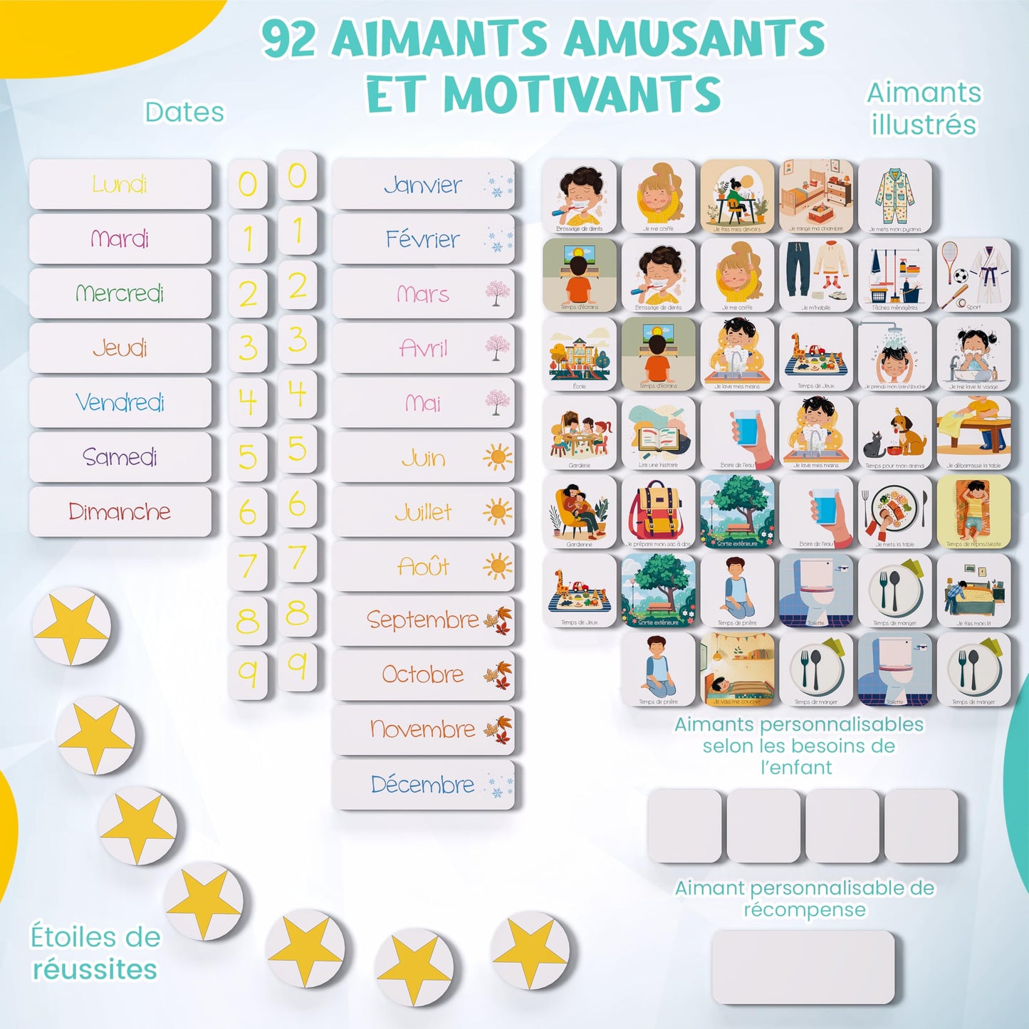 Tableau de Routine Pour Enfant en français - 92 aimants inclus - pictogramme Routine - Chore Chart for Kids - Reward Chart for Kids - ADHD Tools - Responsibility Chart for Kids
