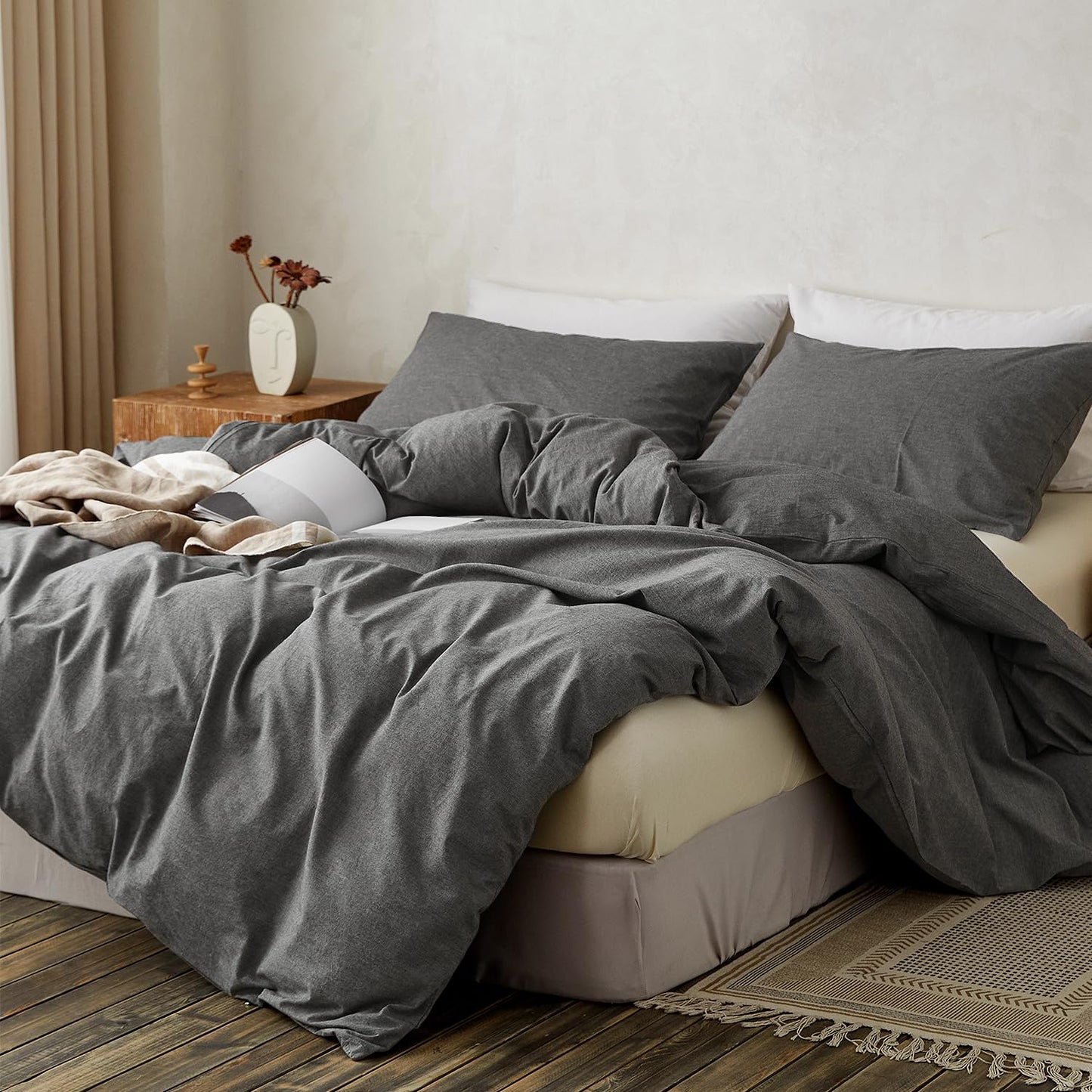 TOCOMOA Duvet Cover Set 100% Washed Cotton Linen Feel Soft Comfy Breathable 3 Piece Comforter Covers Bedding Set (King, Heathered Dark Grey)