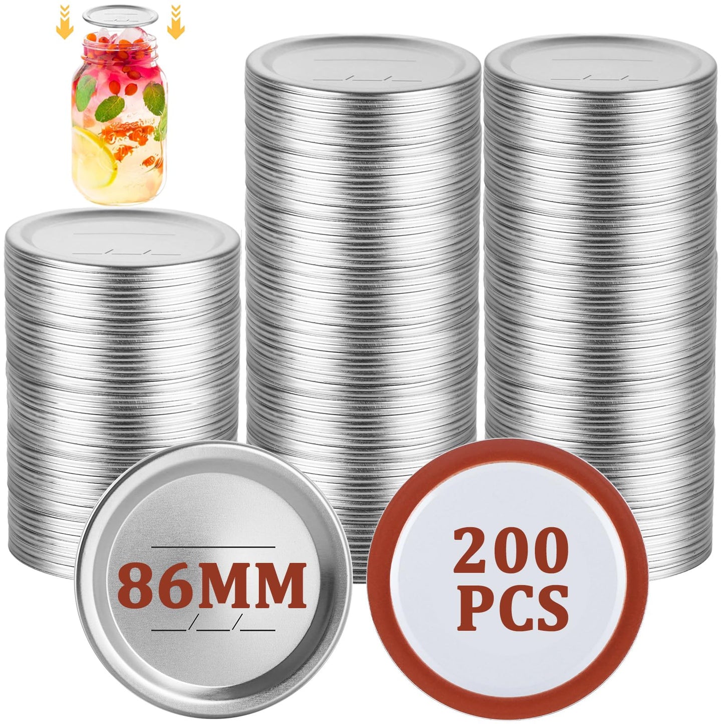 Acrux7 200 PCS Canning Lids 86mm Wide Mouth Mason Jar Lids, Ball Jar Lids with Silicone Seals, Leak Proof Rust Proof Canning Lids for Ball Kerr Jars