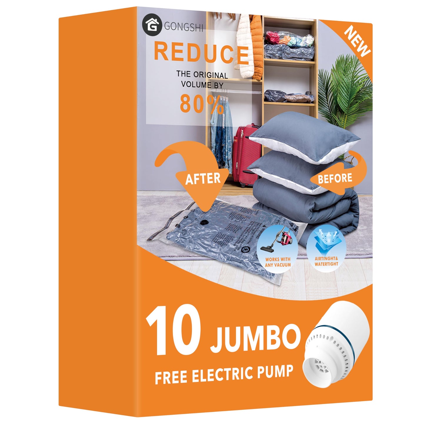 10 Jumbo Vacuum Storage Bags with Electric Pump, Space Saver Bag for Clothes, Mattress, Blanket, Duvets, Pillows, Comforters, Travel
